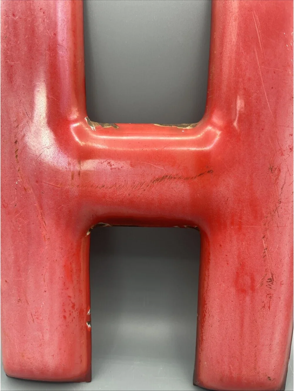 Vintage Porcelain Enamel Metal Sign Letter H Red 12” Gas Station Oil Advertising